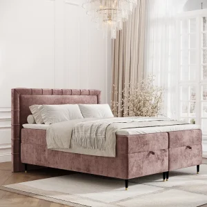 Boxspringbed met hoofdeinde van chenillestof – Voyage – matras en dekmatras – 140×200 cm – roze