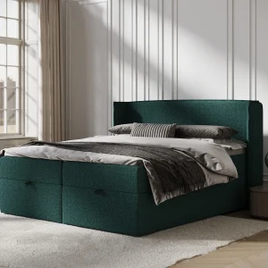 Boxspringbed met hoofdeinde van geweven stof – Passion – matras en dekmatras – 140×200 cm – groen