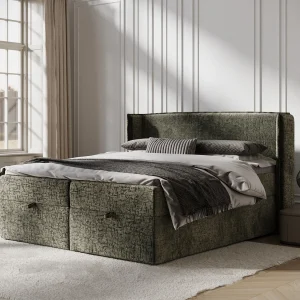 Boxspringbed met hoofdeinde van chenillestof – Passion – matras en dekmatras – 200×200 cm – olijfgroen Boxspringbed met hoofdeinde van chenillestof – Passion – matras en dekmatras – 200×200 cm – olijfgroen