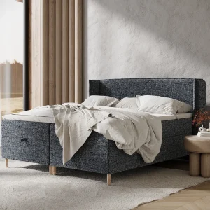 Boxspringbed met hoofdeinde van geweven stof – Monpelli – matras en dekmatras – 180×200 cm – marineblauw