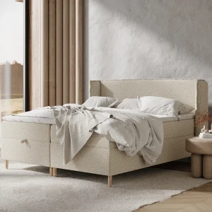 Boxspringbed met hoofdeinde van bouclestof – Monpelli – matras en dekmatras – 140×200 cm – beige Boxspringbed met hoofdeinde van bouclestof – Monpelli – matras en dekmatras – 140×200 cm – beige