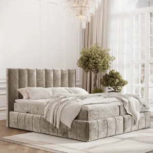 Boxspringbed met hoofdeinde van chenillestof – Moretti – matras en dekmatras – 160×200 cm – beige Boxspringbed met hoofdeinde van chenillestof – Moretti – matras en dekmatras – 160×200 cm – beige