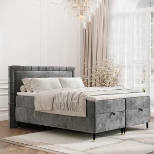 Boxspringbed met hoofdeinde van chenillestof – Voyage – matras en dekmatras – 140×200 cm – grijs