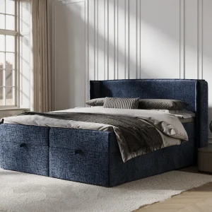 Boxspringbed met hoofdeinde van chenillestof – Passion – matras en dekmatras – 160×200 cm – marineblauw