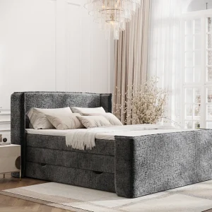 Boxspringbed met hoofdeinde van chenillestof – Freeland – matras en dekmatras – 160×200 cm – grafiet