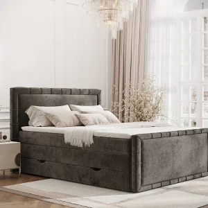 Boxspringbed met hoofdeinde van chenillestof – Estelle – matras en dekmatras – 200×200 cm – bruin Boxspringbed met hoofdeinde van chenillestof – Estelle – matras en dekmatras – 200×200 cm – bruin