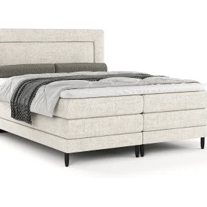 Boxspringbed met hoofdeinde van geweven stof – Madame – matras en dekmatras – 180×200 cm – creme