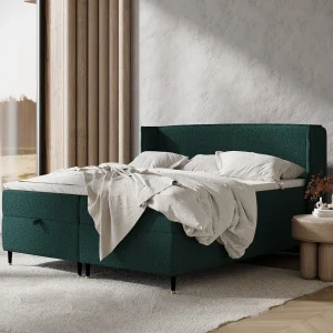 Boxspringbed met hoofdeinde van geweven stof – Monpelli – matras en dekmatras – 140×200 cm – groen