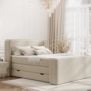 Boxspringbed met hoofdeinde van bouclestof – Freeland – matras en dekmatras – 160×200 cm – beige Boxspringbed met hoofdeinde van bouclestof – Freeland – matras en dekmatras – 160×200 cm – beige