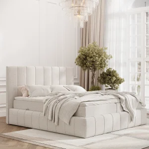 Boxspringbed met hoofdeinde van geweven stof – Moretti – matras en dekmatras – 160×200 cm – beige