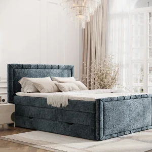 Boxspringbed met hoofdeinde van chenillestof – Estelle – matras en dekmatras – 140×200 cm – blauw