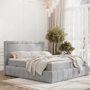 Boxspringbed met hoofdeinde van geweven stof – Sundown – matras en dekmatras – 140×200 cm – grijs