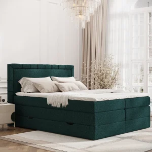 Boxspringbed met hoofdeinde van geweven stof – Rosabel – matras en dekmatras – 180×200 cm – groen