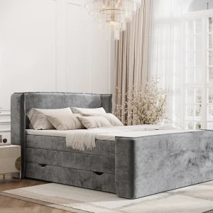 Boxspringbed met hoofdeinde van chenillestof – Freeland – matras en dekmatras – 140×200 cm – grijs Boxspringbed met hoofdeinde van chenillestof – Freeland – matras en dekmatras – 140×200 cm – grijs