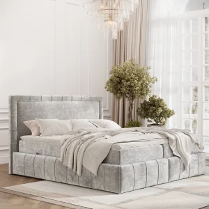 Boxspringbed met hoofdeinde van chenillestof – Sundown – matras en dekmatras – 180×200 cm – lichtgrijs Boxspringbed met hoofdeinde van chenillestof – Sundown – matras en dekmatras – 180×200 cm – lichtgrijs