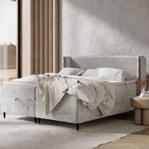 Boxspringbed met hoofdeinde van chenillestof – Monpelli – matras en dekmatras – 140×200 cm – lichtgrijs Boxspringbed met hoofdeinde van chenillestof – Monpelli – matras en dekmatras – 140×200 cm – lichtgrijs