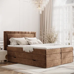 Boxspringbed met hoofdeinde van chenillestof – Rosabel – matras en dekmatras – 160×200 cm – koper