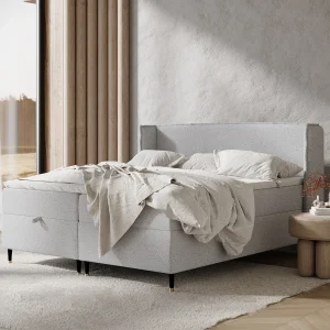 Boxspringbed met hoofdeinde van geweven stof – Monpelli – matras en dekmatras – 200×200 cm – lichtgrijs