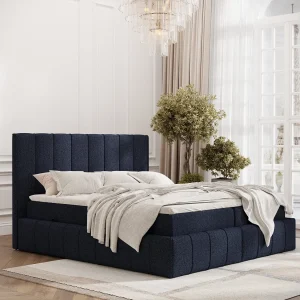 Boxspringbed met hoofdeinde van geweven stof – Moretti – matras en dekmatras – 160×200 cm – marineblauw