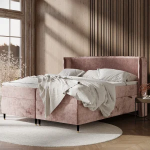 Boxspringbed van chenillestof Segni – matras – topper matras – 200×200 cm – roze