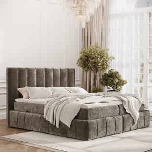 Boxspringbed met hoofdeinde van chenillestof – Moretti – matras en dekmatras – 160×200 cm – bruin Boxspringbed met hoofdeinde van chenillestof – Moretti – matras en dekmatras – 160×200 cm – bruin