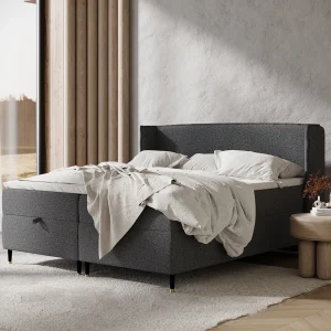 Boxspringbed met hoofdeinde van geweven stof – Monpelli – matras en dekmatras – 160×200 cm – zwart