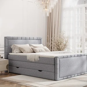 Boxspringbed met hoofdeinde van geweven stof – Estelle – matras en dekmatras – 180×200 cm – grijs