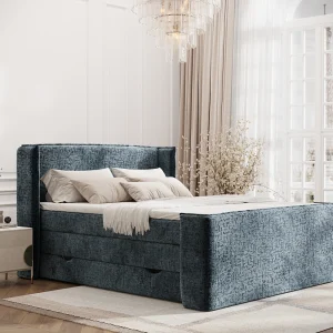 Boxspringbed met hoofdeinde van chenillestof – Freeland – matras en dekmatras – 140×200 cm – blauw Boxspringbed met hoofdeinde van chenillestof – Freeland – matras en dekmatras – 140×200 cm – blauw
