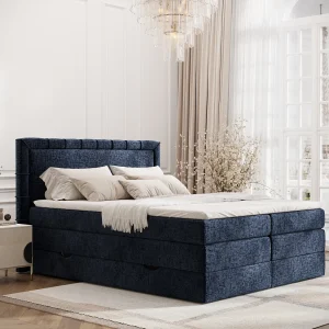 Boxspringbed met hoofdeinde van chenillestof – Rosabel – matras en dekmatras – 160×200 cm – marineblauw