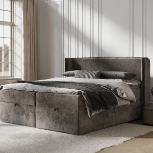 Boxspringbed met hoofdeinde van chenillestof – Passion – matras en dekmatras – 140×200 cm – bruin