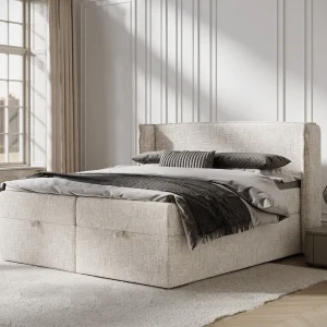 Boxspringbed met hoofdeinde van geweven stof – Passion – matras en dekmatras – 180×200 cm – creme