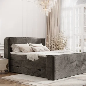 Boxspringbed met hoofdeinde van chenillestof – Freeland – matras en dekmatras – 160×200 cm – bruin