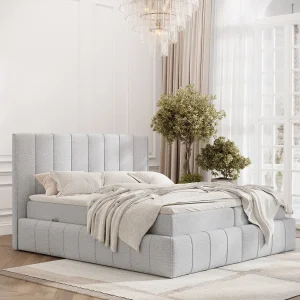 Boxspringbed met hoofdeinde van geweven stof – Moretti – matras en dekmatras – 140×200 cm – lichtgrijs