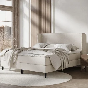 Boxspringbed met hoofdeinde van geweven stof – Ardis – matras en dekmatras – 180×200 cm – beige