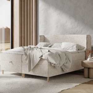 Boxspringbed met hoofdeinde van geweven stof – Monpelli – matras en dekmatras – 160×200 cm – creme