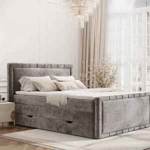 Boxspringbed met hoofdeinde van chenillestof – Estelle – matras en dekmatras – 180×200 cm – beige Boxspringbed met hoofdeinde van chenillestof – Estelle – matras en dekmatras – 180×200 cm – beige