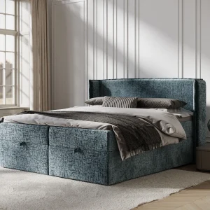 Boxspringbed met hoofdeinde van chenillestof – Passion – matras en dekmatras – 140×200 cm – blauw