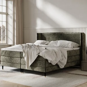 Boxspringbed met hoofdeinde van chenillestof – Carizzo – matras en dekmatras – 140×200 cm – olijfgroen Boxspringbed met hoofdeinde van chenillestof – Carizzo – matras en dekmatras – 140×200 cm – olijfgroen