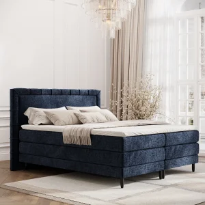Boxspringbed met hoofdeinde van chenillestof – Rimini – matras en dekmatras – 180×200 cm – marineblauw Boxspringbed met hoofdeinde van chenillestof – Rimini – matras en dekmatras – 180×200 cm – marineblauw