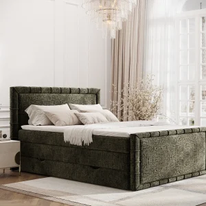 Boxspringbed met hoofdeinde van chenillestof – Estelle – matras en dekmatras – 160×200 cm – olijfgroen Boxspringbed met hoofdeinde van chenillestof – Estelle – matras en dekmatras – 160×200 cm – olijfgroen