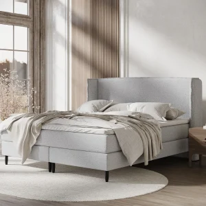 Boxspringbed met hoofdeinde van geweven stof – Ardis – matras en dekmatras – 160×200 cm – lichtgrijs
