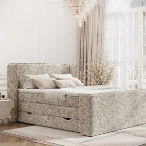 Boxspringbed met hoofdeinde van geweven stof – Freeland – matras en dekmatras – 160×200 cm – beige mélangé
