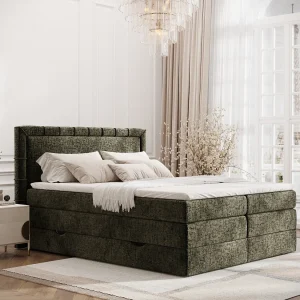 Boxspringbed met hoofdeinde van chenillestof – Rosabel – matras en dekmatras – 180×200 cm – olijfgroen Boxspringbed met hoofdeinde van chenillestof – Rosabel – matras en dekmatras – 180×200 cm – olijfgroen