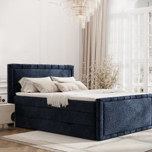 Boxspringbed met hoofdeinde van chenillestof – Estelle – matras en dekmatras – 200×200 cm – marineblauw Boxspringbed met hoofdeinde van chenillestof – Estelle – matras en dekmatras – 200×200 cm – marineblauw