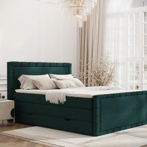 Boxspringbed met hoofdeinde van geweven stof – Estelle – matras en dekmatras – 140×200 cm – groen