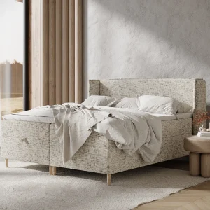 Boxspringbed met hoofdeinde van geweven stof – Monpelli – matras en dekmatras – 200×200 cm – beige mélangé