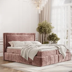 Boxspringbed met hoofdeinde van chenillestof – Sundown – matras en dekmatras – 200×200 cm – roze