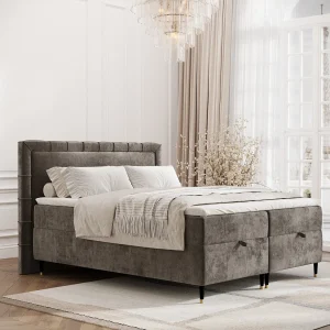 Boxspringbed met hoofdeinde van chenillestof – Voyage – matras en dekmatras – 140×200 cm – bruin
