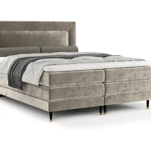 Boxspringbed met hoofdeinde van chenillestof – Madame – matras en dekmatras – 180×200 cm – beige