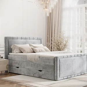 Boxspringbed met hoofdeinde van chenillestof – Estelle – matras en dekmatras – 200×200 cm – lichtgrijs Boxspringbed met hoofdeinde van chenillestof – Estelle – matras en dekmatras – 200×200 cm – lichtgrijs